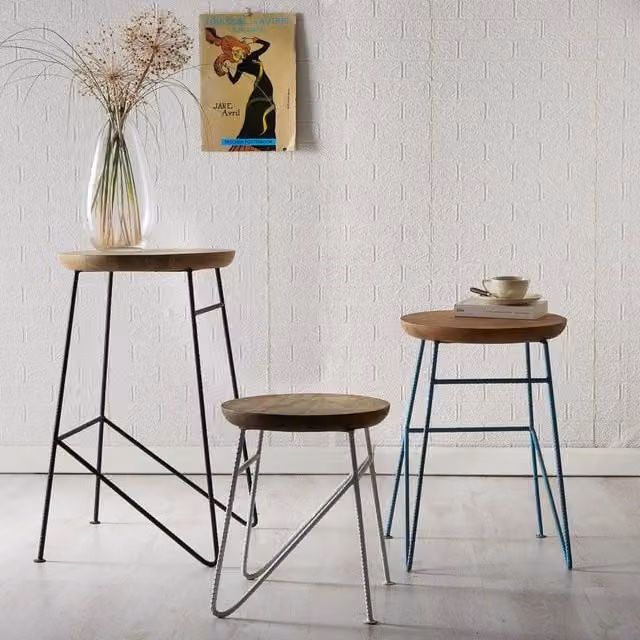 IH Design Daizha Set of 3 Round Industrial Stools in Brown Metal and Wood