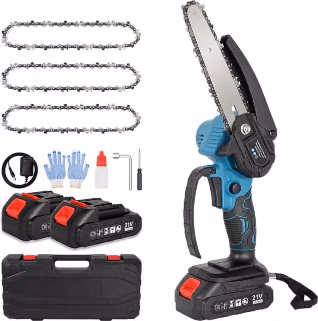 Traderight Cordless Mini Chainsaw with Dual Bar and Spare Rechargeable Battery, Black and Blue