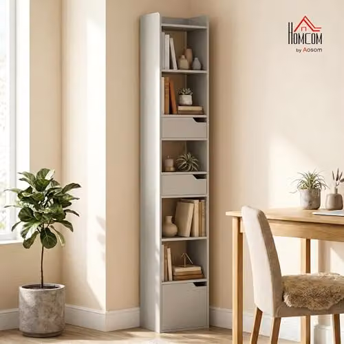 HOMCOM 5-Tier Modern Bookcase with Drawers and Cabinet in Grey, H 181.5 x W 76.7 x D 32 cm – 2