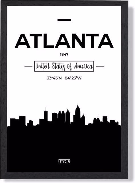 ARTZE Atlanta Black and White City Skyline Framed Paper Poster Print