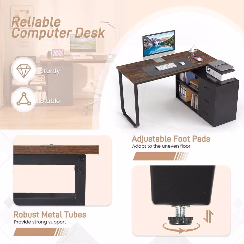 Costway Reversible L-Shaped Corner Desk with Power Outlet in Brown, Width: 140 cm – 7