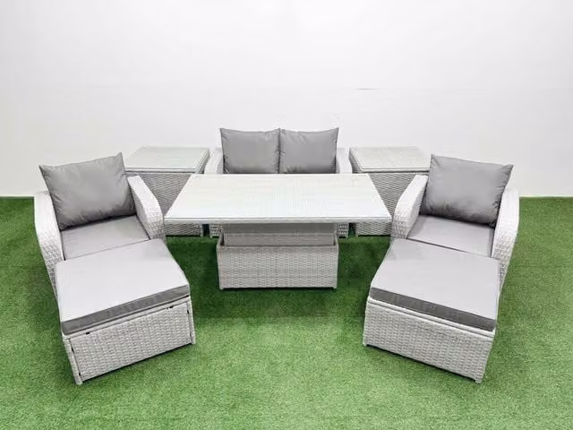 Fimous 6 Seater Grey PE Wicker Rattan Garden Furniture Set with Upholstered Cushions, 2 Seater Sofa, Lounge Armchairs, Coffee Table and Ottomans