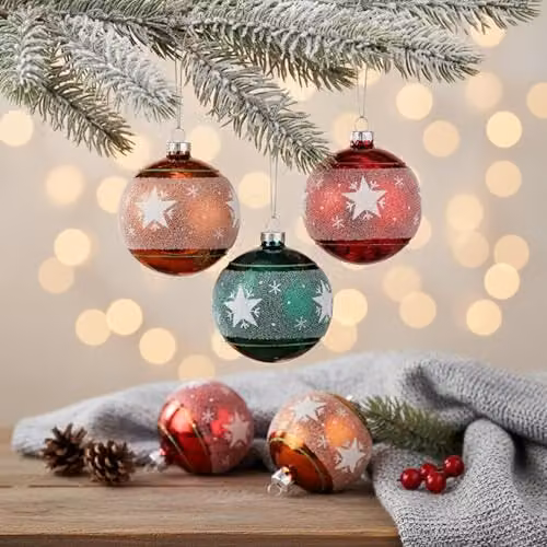 Shatchi 12-Piece Set of Red and Green Glass Christmas Baubles, 8 cm Round Hanging Ornaments – 8