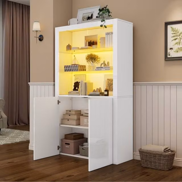 Merax White High Gloss Modern Freestanding Display Cabinet with Glass Doors and Integrated Lighting, H: 170 cm, W: 100 cm, D: 35 cm – 1