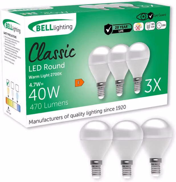 BELL Lighting E14 LED Golf Ball Light Bulbs, Warm White 2700K, 4.7 W, Pack of 3