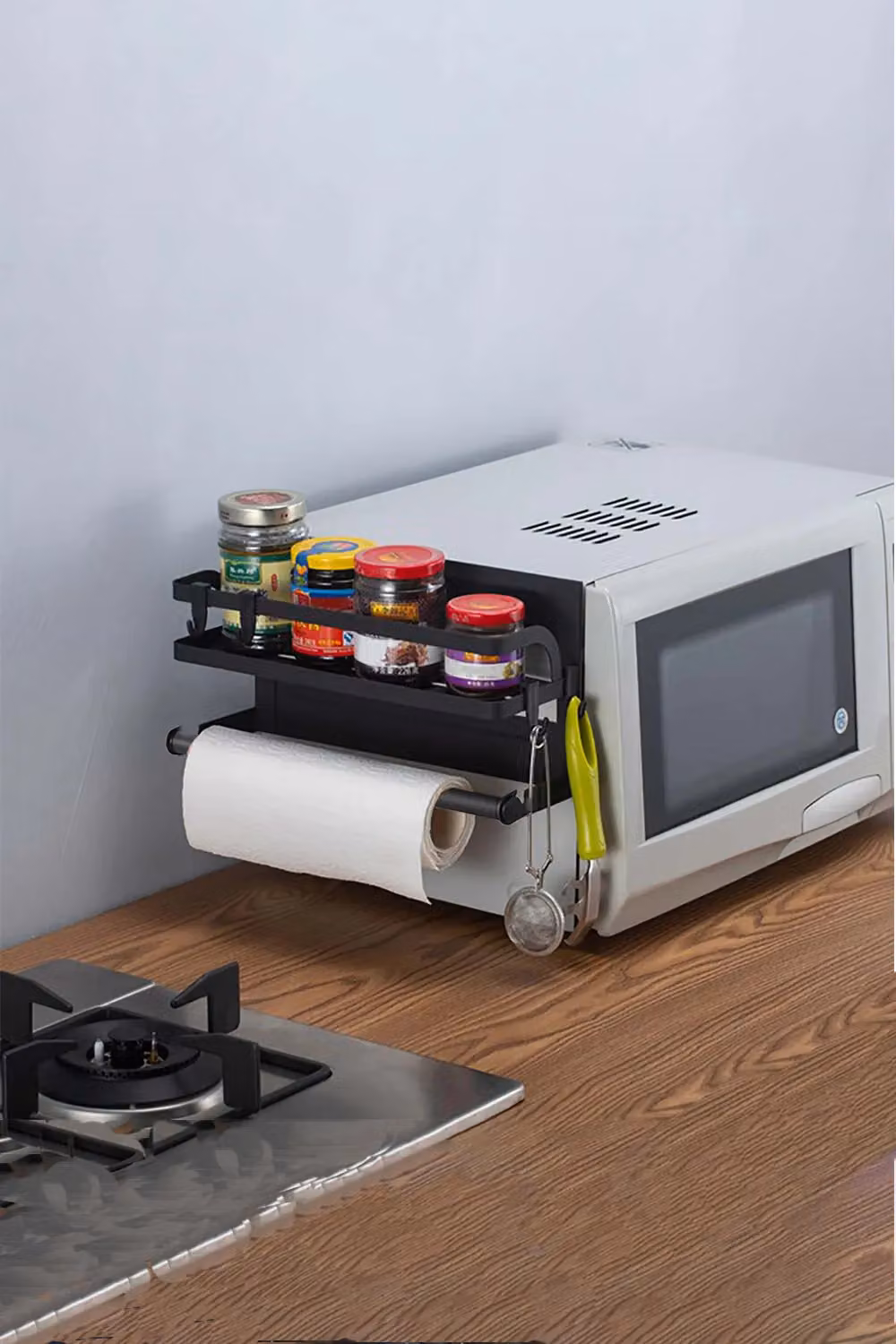 Living and Home Magnetic Kitchen Storage Shelf Organiser with Paper Roll and Cling Film Holder, Black Metal – 2