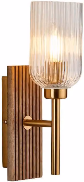 Netlighting Grove Wall Lamp in Brown with Beechwood, Vintage Brass and Transparent Ribbed Glass, E14