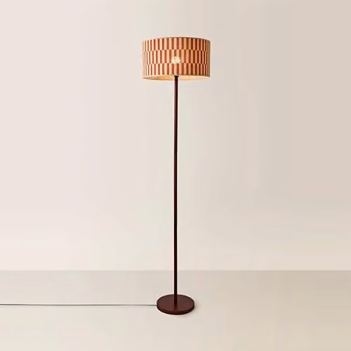 ValueLights Heather Dark Wood Floor Lamp with Orange Checkerboard Bamboo Shade, H 180 cm x W 30 cm x D 30 cm