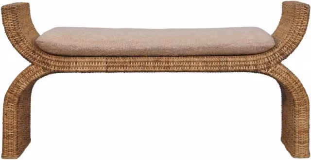 Artisan Furniture Modern Mango Wood Rattan Weave Boucle Bench in Brown and Beige