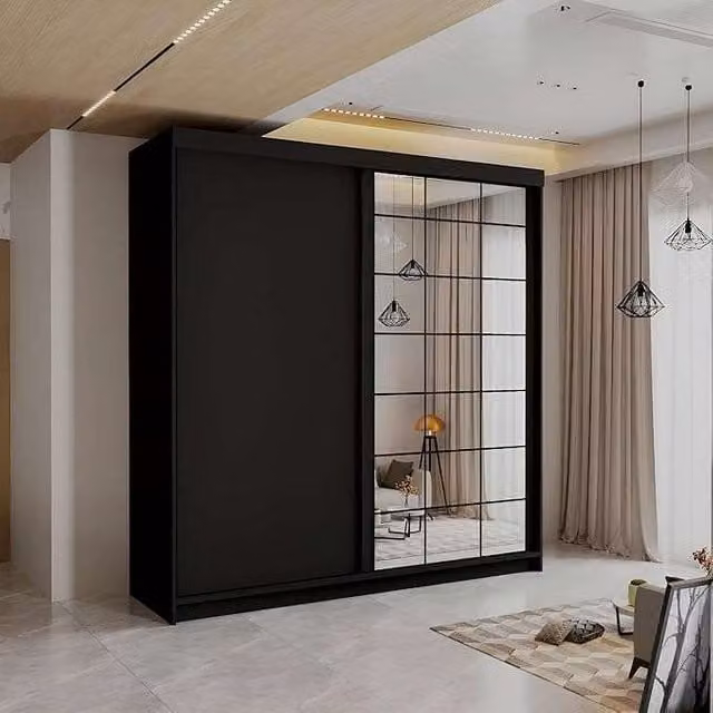 MN Furniture Geneva Sliding Mirror Door Wardrobe with LED Lighting in Black, W: 200 cm, H: 217 cm