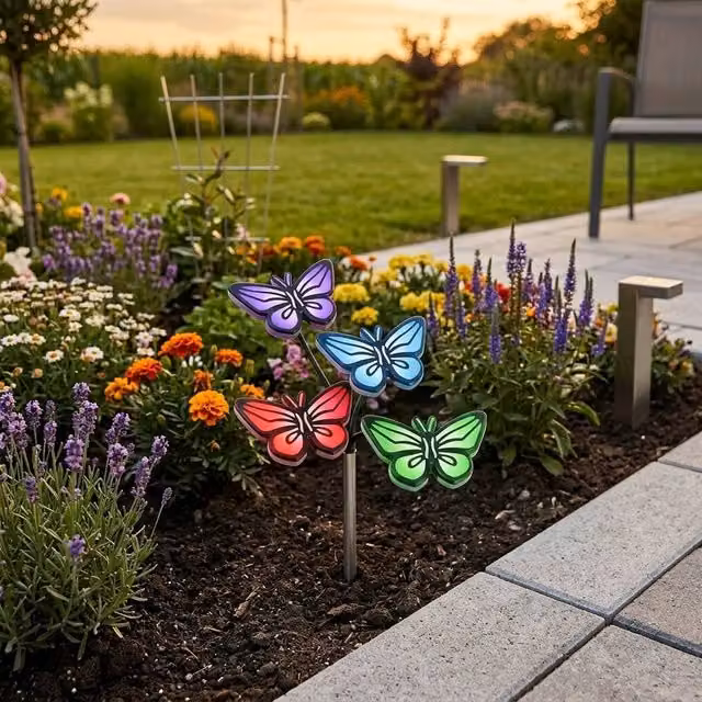 Garden Greatness Lunaria Four Butterfly Solar Garden Stake Lights, Multicolour Silver 4 Pack