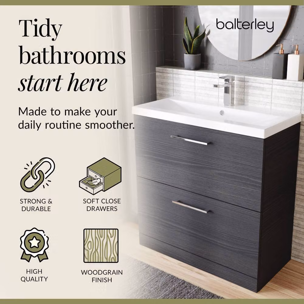 Balterley Contemporary Floor Standing Bathroom Vanity Unit with 2 Soft-Close Drawers and Mid-Edge Basin, Charcoal Black, W: 80 cm, D: 39 cm, H: 84 cm – 3