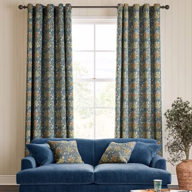 William Morris Bluebird Made To Measure Blackout Cotton Curtains in Blue and Multicolour