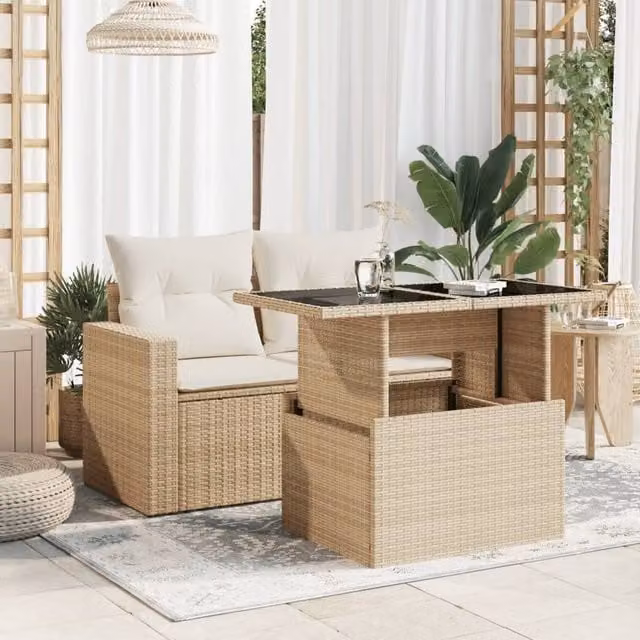 Berkfield Home Beige Poly Rattan Garden Table with Glass Top W/D/H: 100 x 55 x 73 cm