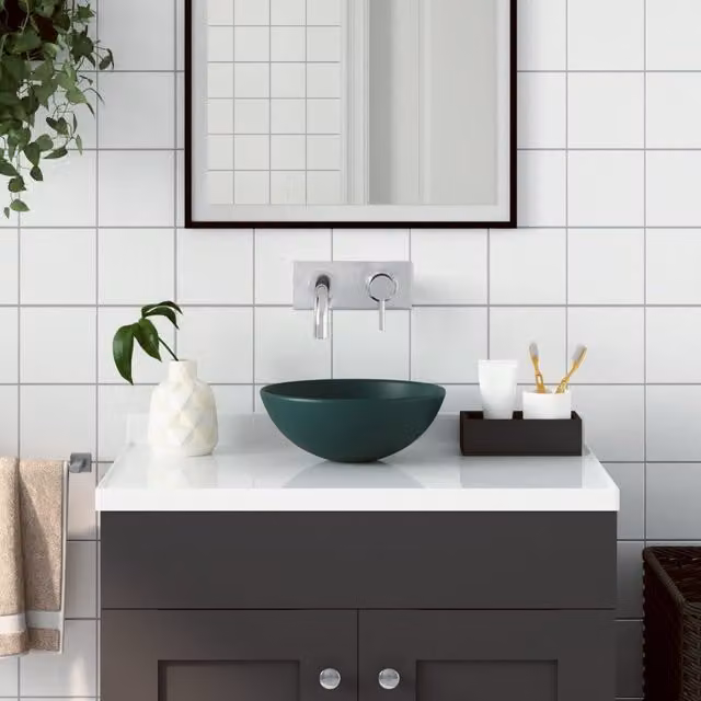 Berkfield Home Round Ceramic Countertop Bathroom Sink in Dark Green – 1