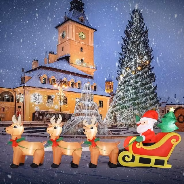 PAWNORA Red and Multicolour Inflatable Christmas Santa and Reindeer with Sleigh