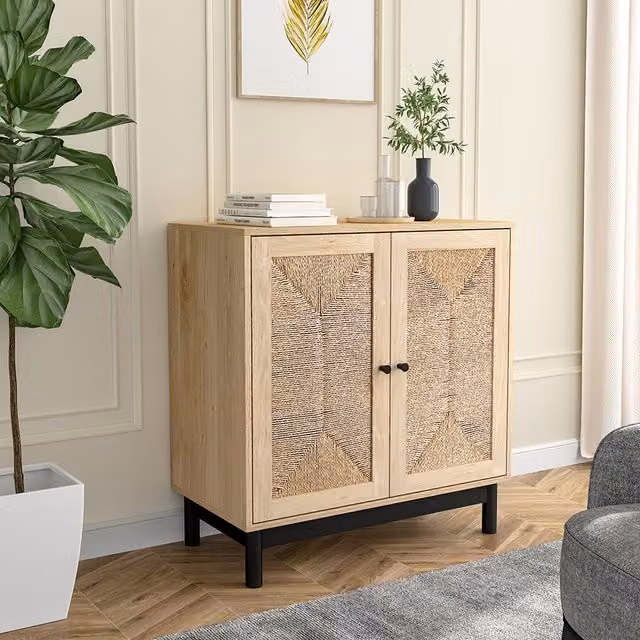 Livingandhome Rustic Brown Wooden Sideboard with Geometric Metal Details