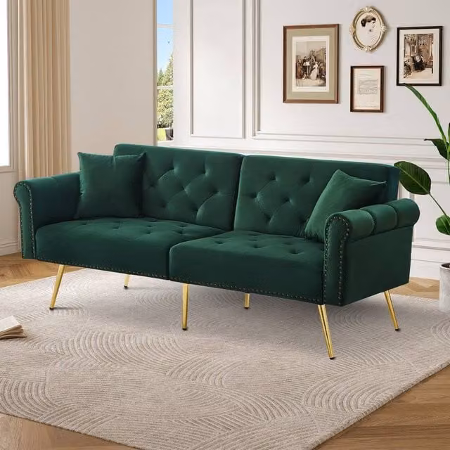 Merax Two Seater Green Velvet Sofa Bed with Adjustable Headrest and Scatter Cushions, W/D/H: 177 x 74 x 71 cm