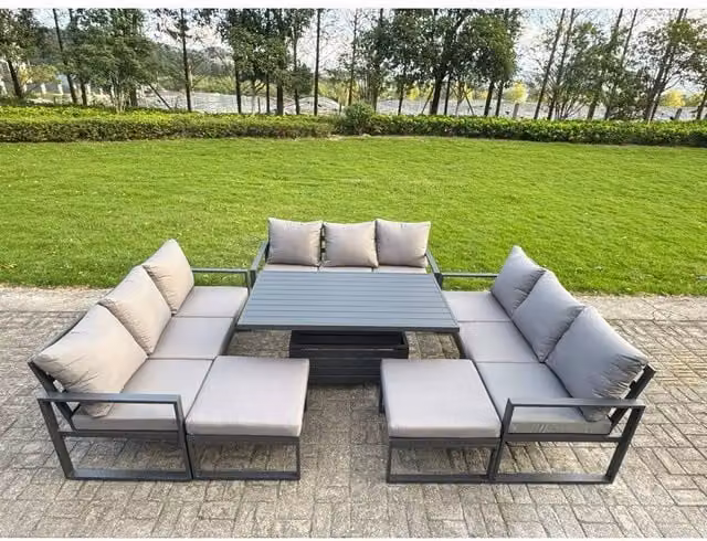 Fimous Modern Patio Conversation Set in Dark Grey with Powder Coated Aluminium Frame, 3-Seater Sofa, Height Adjustable Coffee Table and Ottoman – 1