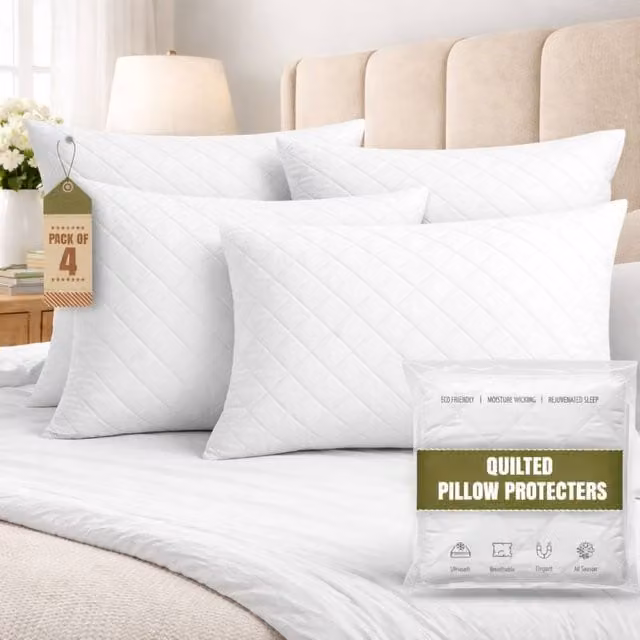 Grace Luxury White Quilted Microfibre Pillow Protector with Zipper Closure, Standard Size