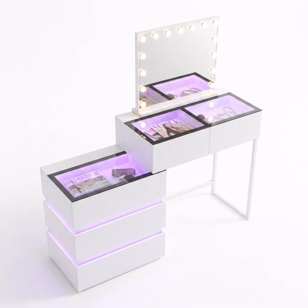 FENCHILIN 5-Drawer Dressing Table with 15 LED Hollywood Mirror and RGB Lighting, White – 2