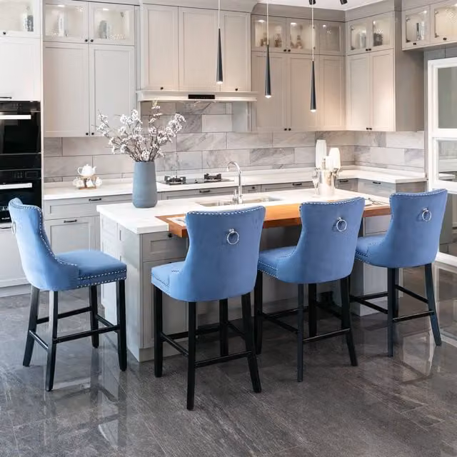 HomeTouch Set of 2 Blue Velvet Bar Stools with Wooden Legs