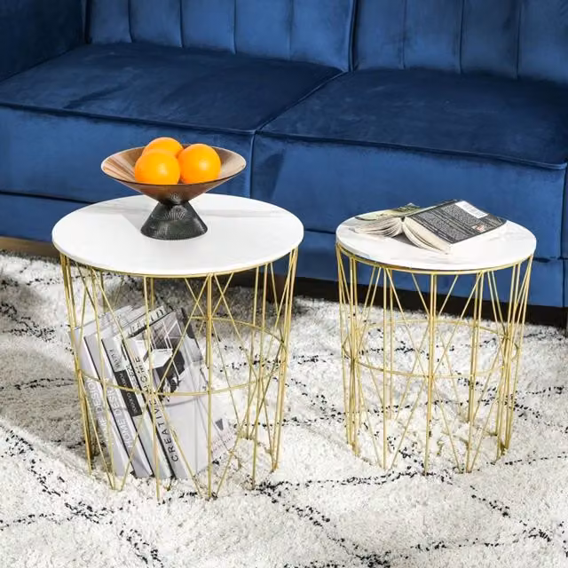 STILVORA Set of 2 Round Nesting Side Tables with Marble Tops in White – 1