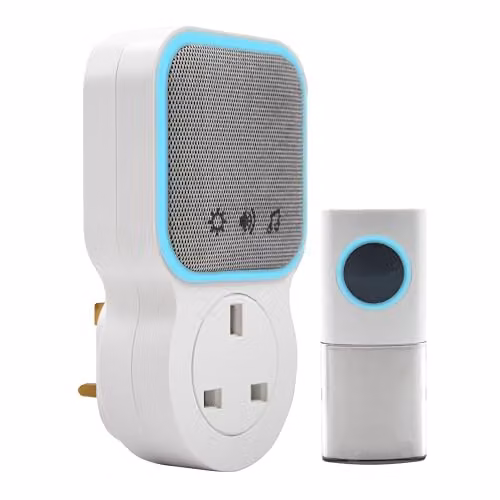 Uni-Com Wireless Plug-Through Door Chime in White with 150m Operating Range, 30 Chimes and LED Alert