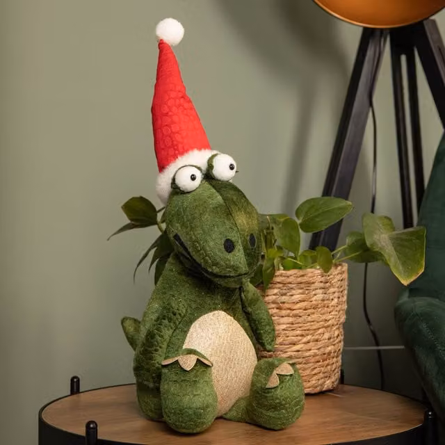 Samuel Alexander Green and Gold Sitting Christmas Dinosaur with Santa Hat, Height: 48 cm – 1