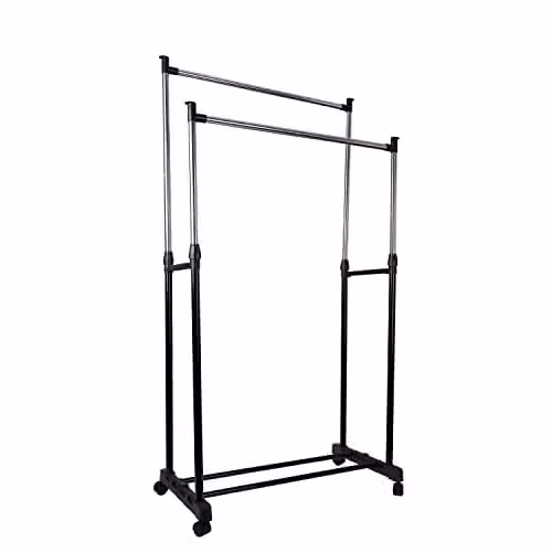 AMOS Adjustable Double Clothes Hanging Rack with Wheels in Black and Silver, 15kg Capacity