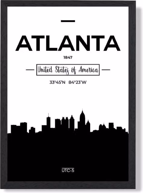ARTZE Atlanta Black and White City Skyline Framed Paper Print in Black Frame, A2