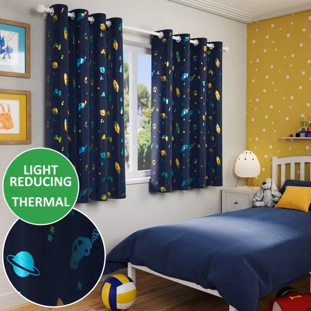Enhanced Living Infinity Room Darkening Thermal Blue Metallic Print Eyelet Curtains, Blue, Width: 137 cm, Height: 168 cm