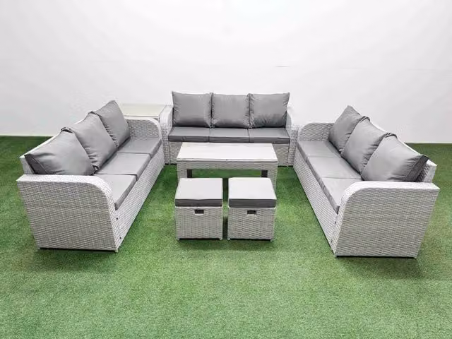 Fimous 11 Seater PE Rattan Outdoor Garden Furniture Set in Light Grey with 3 Seater Sofa, Oblong Coffee Table, 2 Stools and Side Table
