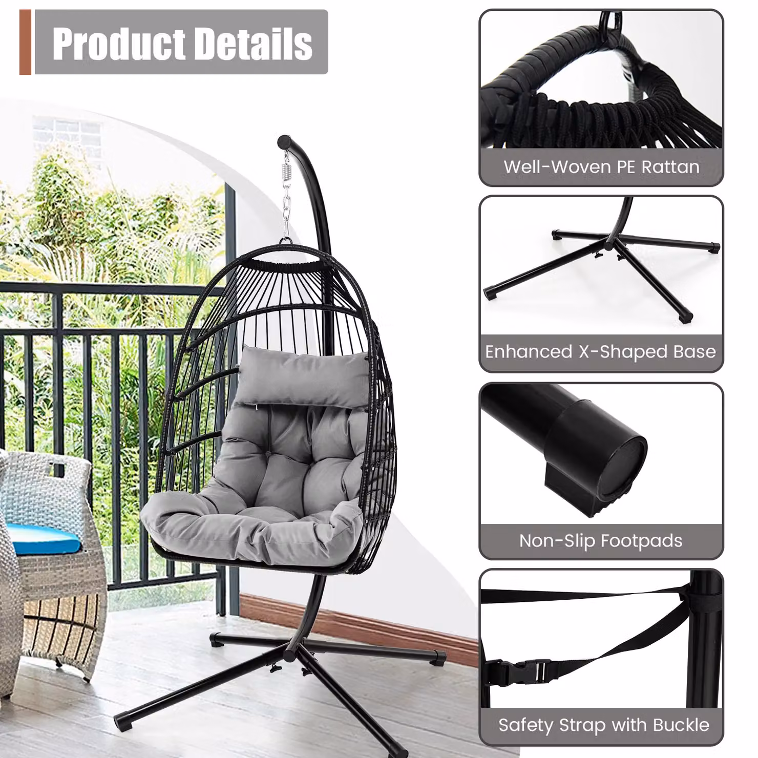 Gymax Grey Metal Hanging Egg Chair Hammock with Stand, Head Pillow and Cushion – 6
