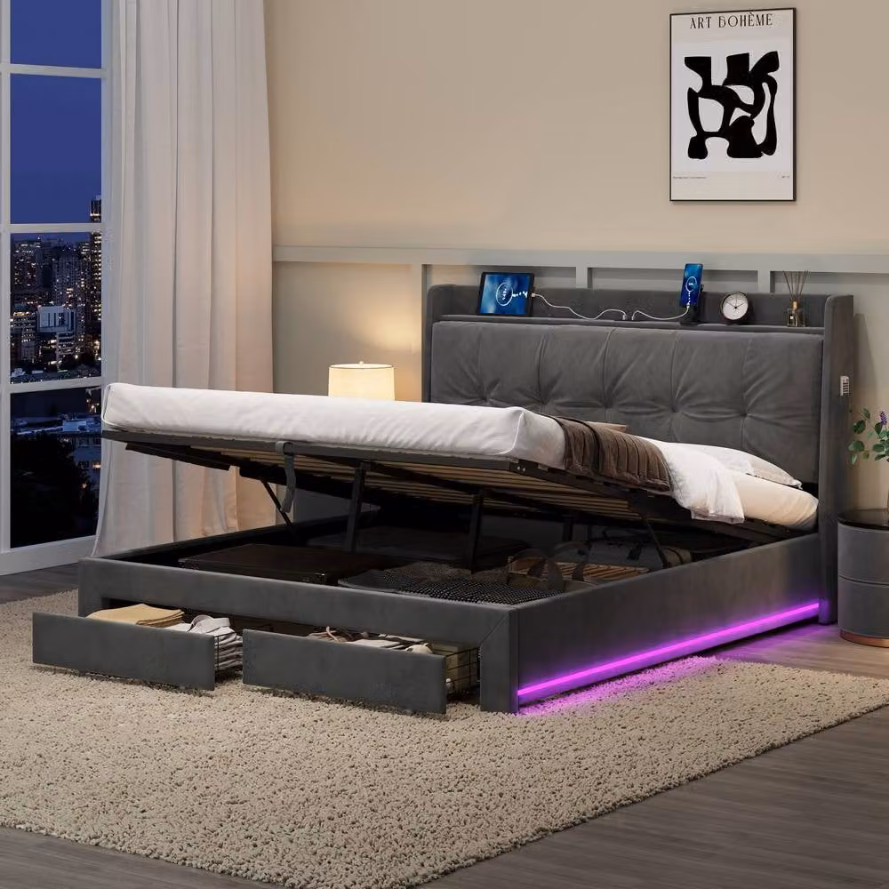 Rolipo King Size Grey Velvet Ottoman Bed Frame with LED Lighting, Storage and USB Ports, W/D/H: 180 x 200 cm – 2
