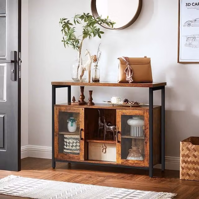 VASAGLE Industrial Sideboard Buffet and TV Cabinet with 2 Transparent Glass Doors in Brown