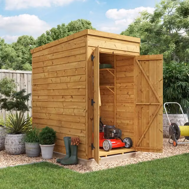 BillyOh Switch Overlap Pent Wooden Shed in Brown with Double Doors and Floor