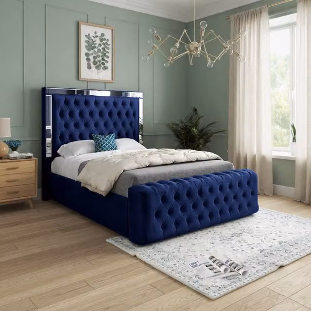 KDMD Wimborne Double Designer Bed Frame in Blue Soft Velvet with Mirror Details
