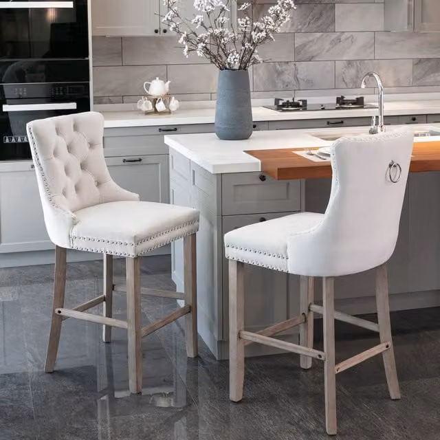 HomeTouch Set of 2 Velvet Upholstered Bar Stools in Beige – 1