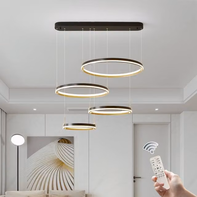 NIVOR Modern 4 Ring LED Pendant Light, Dimmable Hanging Chandelier with Remote Control, Black and Gold/Brass – 1