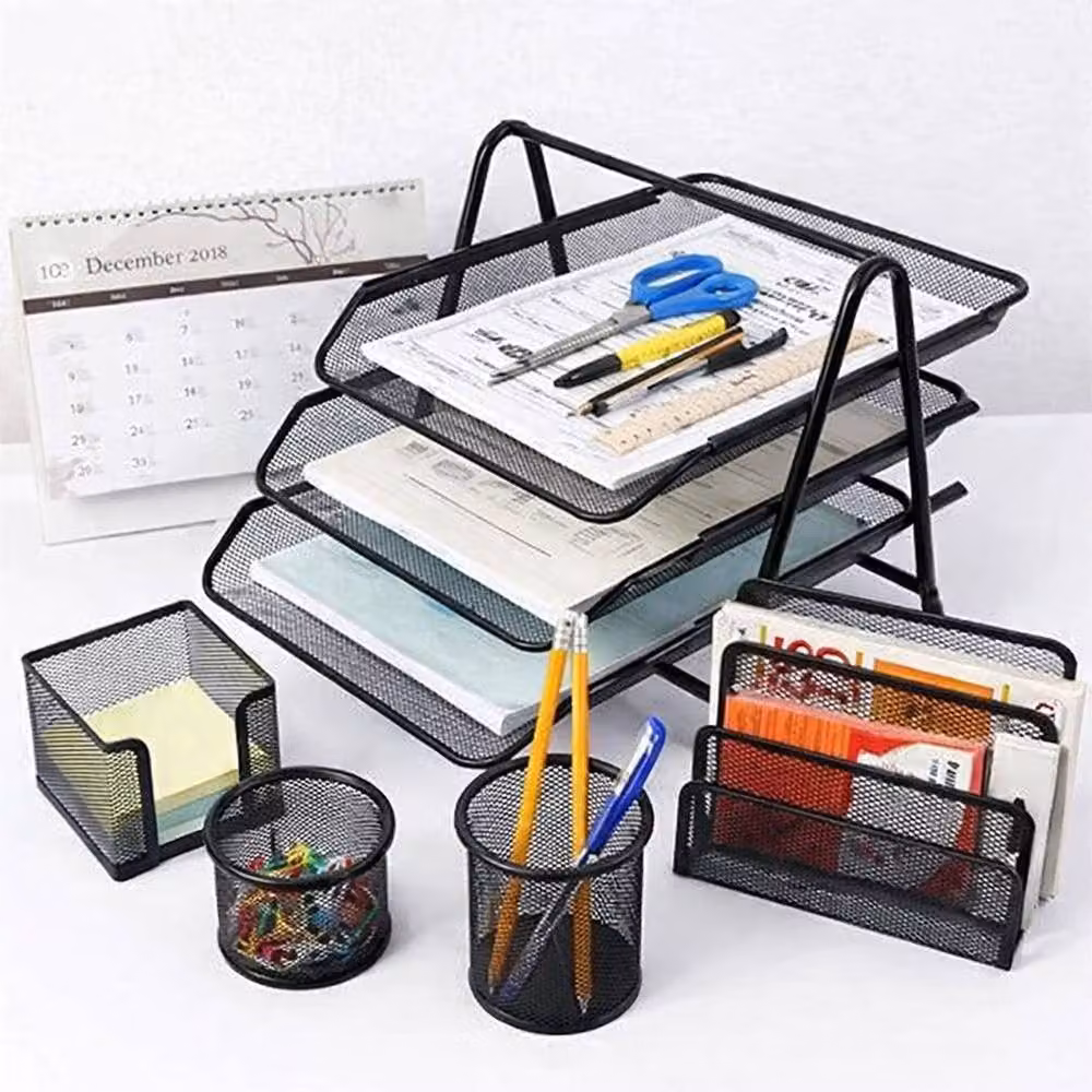 FLAVORA Black Mesh 5-Piece Office Desk Organiser Set – 4