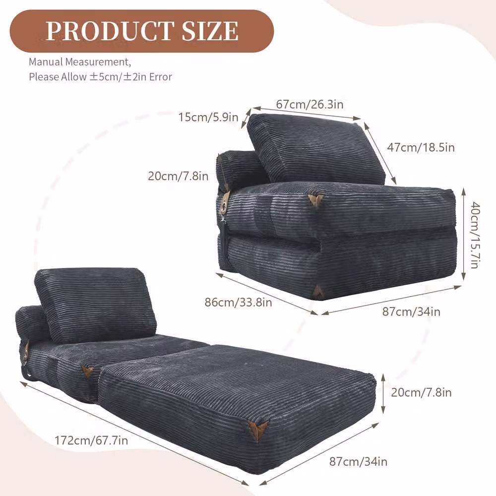 STILVORA Grey Striped Floor Sofa Bed with Foam Padding and Side Pockets – 3
