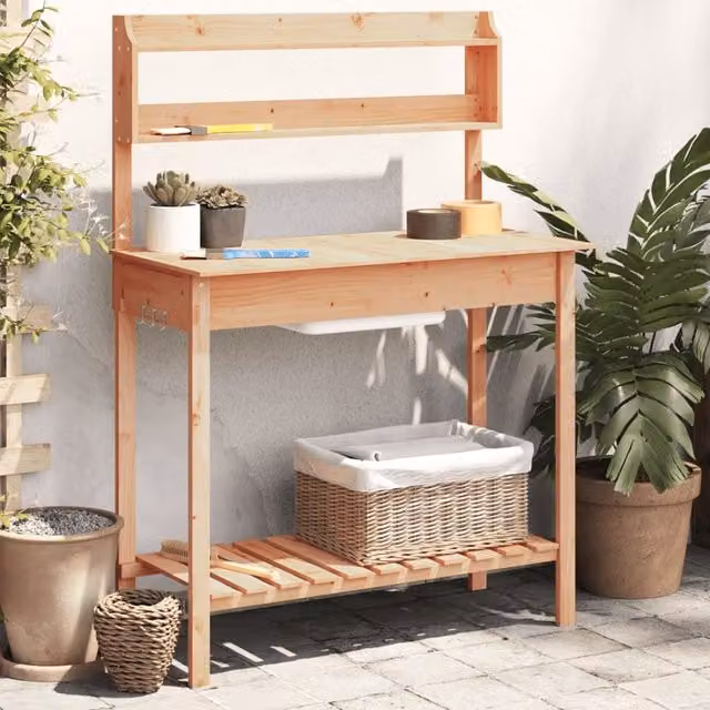 Berkfield Home Potting Table with Sink in Brown, Solid Wood Fir, W/D/H: 147.5 x 44 x 139.5 cm