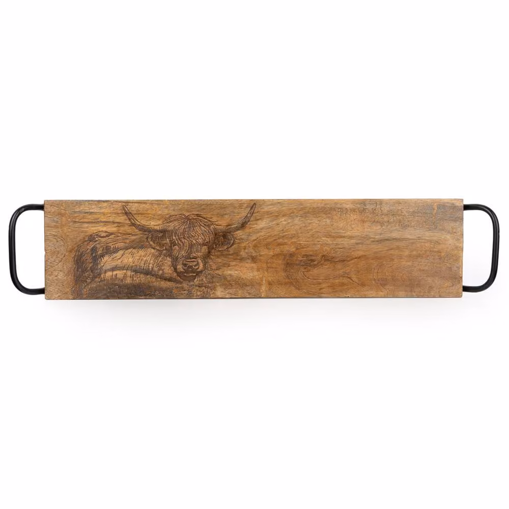 Madison & Mayfair Highland Cow Rectangular Wood Serving Board with Metal Handles in Brown – 2