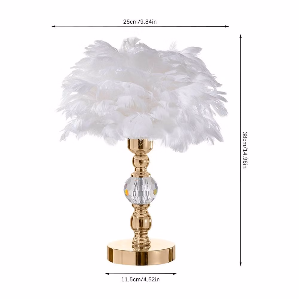 Living and Home Romantic White Feather Table Lamp with Gold Crystal Base – 3