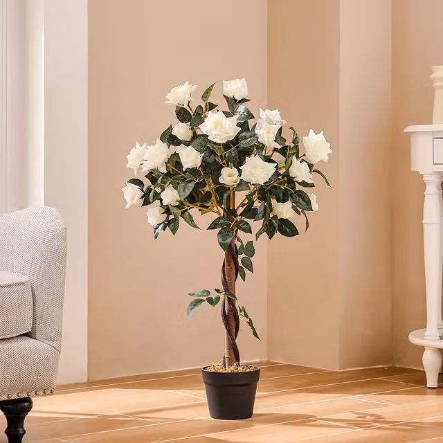 Livingandhome White Artificial Rose Flower Tree in Pot, Height: 90 cm
