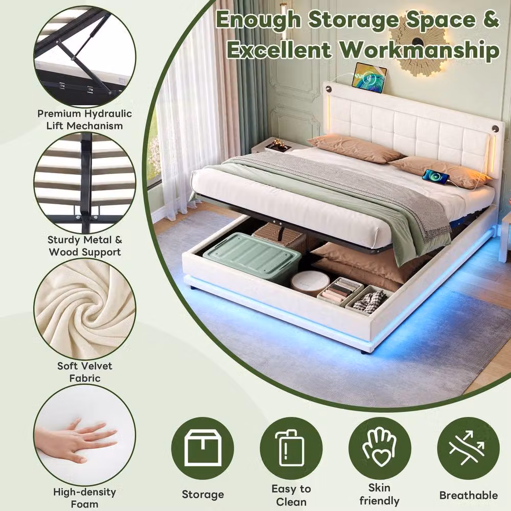 BTM Beige 4ft6 Double Hydraulic Bed with Tufted Headboard, LED Under-Bed Lighting and USB Charging Port, W/D/H: 140 x 190 x 136 cm – 2