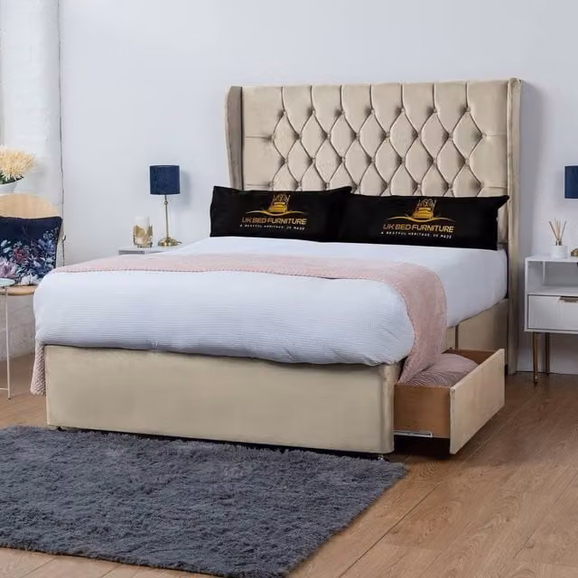 UK Bed Furniture Mary Wingback Divan Bed with 2 Drawers and 54 Inch Headboard in Beige Velvet, Size: 180 x 200 cm
