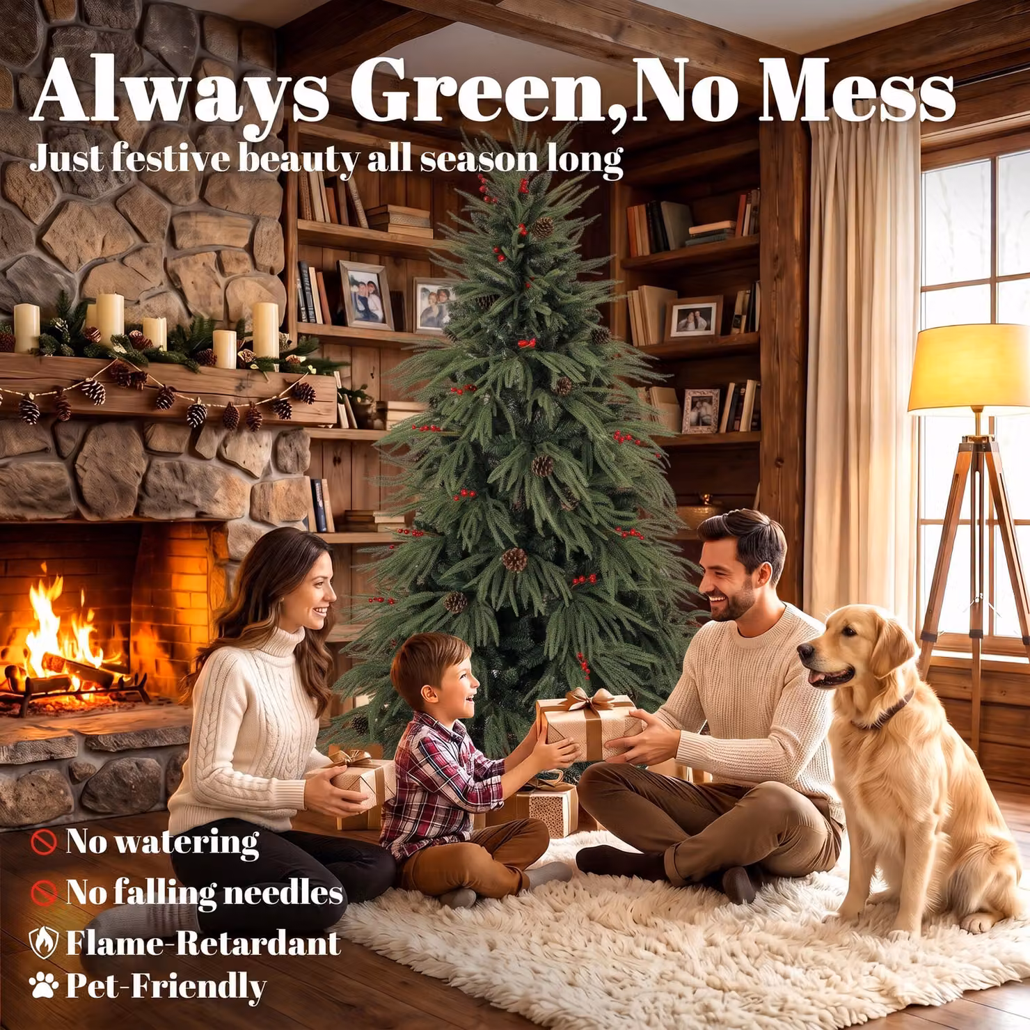 HOMCOM 6ft Green Artificial Christmas Tree with Pinecones, Red Berries and 2843 Branch Tips – 3