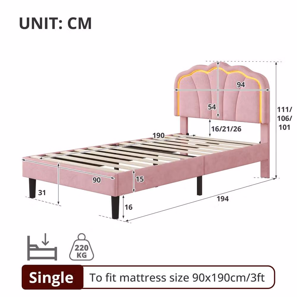 Rolipo Double Pink Velvet Bed Frame with LED Shell Headboard and Under-Bed Lighting – 3